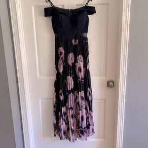 Off the shoulder navy and purple floral maxi dress